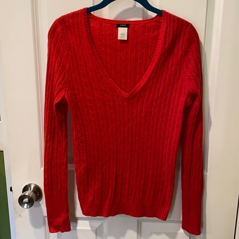 J Crew Wool Cashmere Blend Cable Knit V Neck Sweater